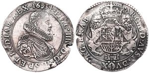 Spanish Netherlands, Philip IV, 1 Ducaton Silver 1634, Bust with Spanish collar right within circle / Crowned arms with lion supporters within circle, VH 640.AN - Antwerp, VF