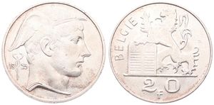 Belgium, Kingdom, Baudouin I, 20 Francs Silver 1953FL, Helmeted head of Mercurius right, Morin 546, XF/AU