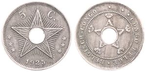 Belgian Congo, Colony, Albert I, 5 Centimes Copper-Nickel 1925, Center hole flanked by crowned monograms within beaded circle, KM 17, VARIETY : HIGH 2 IN DATE, VF