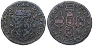 Liege, Bishoperic, John Theodore, 4 Liards Copper 1751, Crowned ams over sword and scepter / Cross of shields - dates in angles, KM 159, Fine