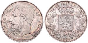 Belgium, Kingdom, Leopold II, 5 Francs Silver 1876, Bearded head left, Morin 163, XF