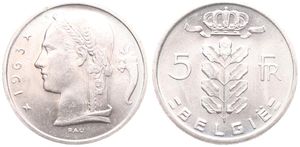 Belgium, Kingdom, Baudouin I, 5 Francs Copper-Nickel 1963FL, Head of Ceres left, Morin 559, UNC !