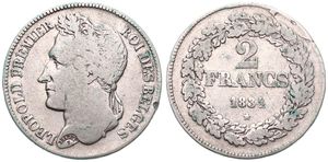 Belgium, Kingdom, Leopold I, 2 Francs Silver 1834, Laureate head left, Morin 16b (Postion B), SCARCE, Fine