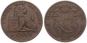 Belgium, Kingdom, Leopold I, 5 Centimes Copper 1849, Seated lion with tablet, Morin 76, SMALL DATE, A.VF