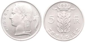 Belgium, Kingdom, Baudouin I, 5 Francs Copper-Nickel 1958FL, Head of Ceres left, Morin 552, UNC !