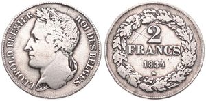 Belgium, Kingdom, Leopold I, 2 Francs Silver 1834, Laureate head left, Morin 16a (Postion A), SCARCE, A.VF (some scratches)