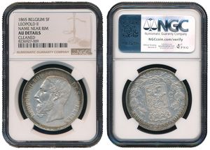 Belgium, Kingdom, Leopold II, 5 Francs Silver 1865, Bearded head left, Morin 152, SCARCE DATE !, NGC Graded AU DETAILS (cleaned)