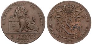 Belgium, Kingdom, Leopold I, 5 Centimes Copper 1833, Seated lion with tablet, Morin 68, XF