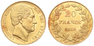 Belgium, Kingdom, Leopold I, 20 Francs Gold 1865, Bare head right, Morin 6a (Position B), XF (*)