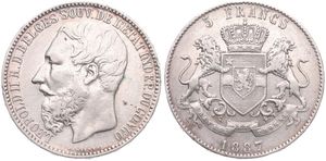 Congo Free State, Royal Domain, Leopold II, 5 Francs Silver 1887, Bearded head left, KM 8.1, RARE KEY DATE, VF