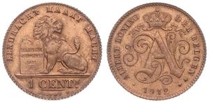 Belgium, Kingdom, Albert I, 1 Centime Copper 1912FL, Seated lion with tablet, Morin 318, UNC