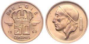 Belgium, Kingdom, Baudouin I, 50 Centimes Bronze 1962FL, Helmeted mine worker left, Morin 668, UNC !