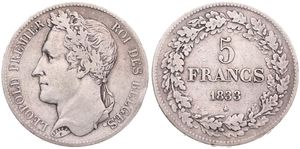 Belgium, Kingdom, Leopold I, 5 Francs Silver 1833, Laureate head left, Morin 8b (Position B), A.VF