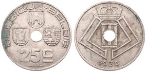 Belgium, Kingdom, Leopold III, 25 Centimes Nickel-Brass 1939FR/FL, Center hole within crowned monogram, Morin 463, VARIETY : STRUCK IN MEDAL ALIGNMENT !, VF