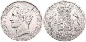 Belgium, Kingdom, Leopold I, 5 Francs Silver 1853, Bare head left, Morin 43, VF
