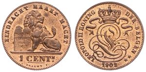 Belgium, Kingdom, Leopold II, 1 Centime Copper 1902/01FL, Seated lion with tablet, Morin 233a, UNC