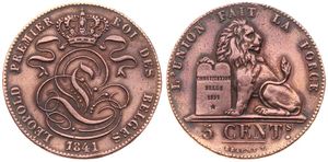 Belgium, Kingdom, Leopold I, 5 Centimes Copper 1841, Seated lion with tablet, Morin 72, VARIETY WITH DOUBLE FIRST 1 IN DATE, VF/XF (cleaned)
