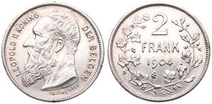 Belgium, Kingdom, Leopold II, 2 Francs Silver 1904FL, Bearded head left, Morin 195, XF