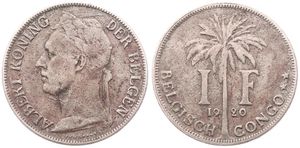 Belgian Congo, Colony, Albert I, 1 Franc Copper-Nickel 1920, Laureate head of the King left, KM 21 Flemish Legend, RARE KEY DATE, F/VF