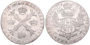 Austrian Netherlands, Maria Theresia, 1 Kronenthaler Silver 1775(b), Floriated cross with crowns at angles / Crowned imperial double headed eagle, KM 21 Brussels, A.VF