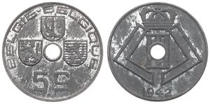 Belgium, Kingdom, Leopold III, 5 Centimes Zinc 1942FL/FR, Center hole within crowned monogram, Morin 499, UNC