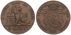 Belgium, Kingdom, Leopold I, 5 Centimes Copper 1857, Seated lion with tablet, Morin 83, A.XF