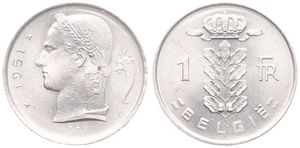 Belgium, Kingdom, Prince Charles, 1 Franc Copper-Nickel 1951FL, Head of Ceres left, Morin 530, UNC