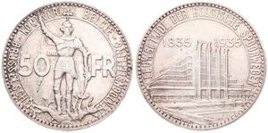 Belgium, Kingdom, Leopold III, 50 Francs Silver 1935FL (Position A), 100th Anniversary of Belgian Railways & World Exhibition in Brussels, Morin 443a, XF/AU