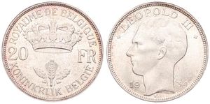 Belgium, Kingdom, Leopold III, 20 Francs Silver 1934FR/FL (Position B), Head left, Morin 448b, UNC