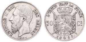Belgium, Kingdom, Leopold II, 50 Centimes Silver 1866FR, Bearded head left, Morin 180, VF