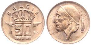 Belgium, Kingdom, Baudouin I, 50 Centimes Bronze 1965FL, Helmeted mine worker left, Morin 673, UNC !