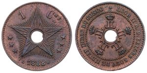 Congo Free State, Royal Domain, Leopold II, 1 Centime Copper 1888, Center hole flanked by crowned monograms within beaded circle, KM 1, VARIETY : DOUBLE L & W, XF