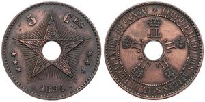 Congo Free State, Royal Domain, Leopold II, 5 Centimes Copper 1894, Center hole flanked by crowned monograms within beaded circle, KM 3, XF