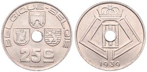 Belgium, Kingdom, Leopold III, 25 Centimes Nickel-Brass 1939FR/FL, Center hole within crowned monogram, Morin 463, UNC