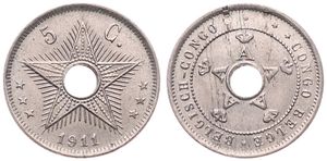 Belgian Congo, Colony, Albert I, 5 Centimes Copper-Nickel 1911, Center hole flanked by crowned monograms within beaded circle, KM 17, UNC