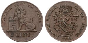 Belgium, Kingdom, Leopold I, 2 Centimes Copper 1848, Seated lion with tablet, Morin 97, VERY RARE DATE, A.XF