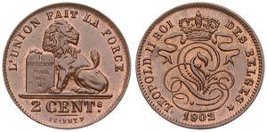 Belgium, Kingdom, Leopold II, 2 Centimes Copper 1902FR, Seated lion with tablet, Morin 213, UNC (coin has been varnished)