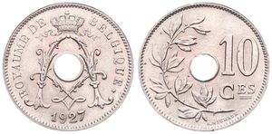 Belgium, Kingdom, Albert I, 10 Centimes Copper-Nickel 1927FR, Center hole within crowned monogram, Morin 347, UNC