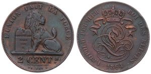 Belgium, Kingdom, Leopold I, 2 Centimes Copper 1864, Seated lion with tablet, Morin 112, A.XF