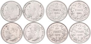 Belgium, Kingdom, Leopold II, Good lot with 4 different 2 Francs silver coins in various grades including better items or grades...