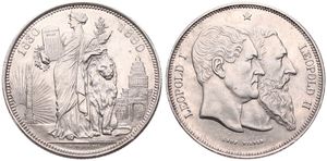 Belgium, Kingdom, Leopold II, 5 Francs (Medallic) Silver 1880, 50th Anniversary of Belgian Independence, Morin M/12a, (With 15 rays left from column), XF
