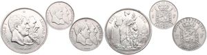 Belgium, Kingdom, Leopold II, Set : 1, 2 & 5 Francs Silver 1880FR, 50th Anniversary of Belgian Independence, Morin 190, 191 & M/12, VF/XF 