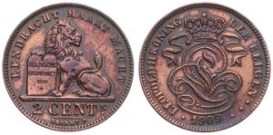 Belgium, Kingdom, Leopold II, 2 Centimes Copper 1909FL, Seated lion with tablet, Morin 218, SCARCE DATE !, XF