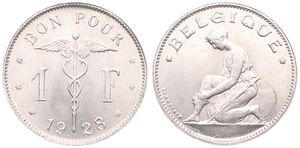 Belgium, Kingdom, Albert I, 1 Franc Nickel 1928/23FR, Kneeling woman left, Morin 400a, UNC