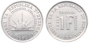 Burundi, Republic, 1 Franc Aluminum 1970, Rising sun above date, KM 18, A.UNC