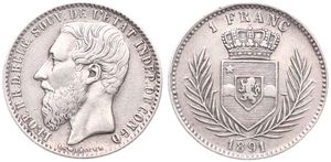Congo Free State, Royal Domain, Leopold II, 1 Franc Silver 1891, Bearded head left, KM 6, VF