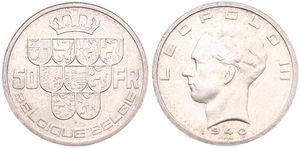 Belgium, Kingdom, Leopold III, 50 Francs Silver 1940FR/FL (Position A), Crown above nine shields, Morin 446a, XF/AU