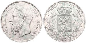 Belgium, Kingdom, Leopold II, 5 Francs Silver 1876, Bearded head left, Morin 163, XF