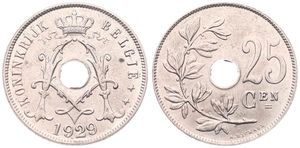 Belgium, Kingdom, Albert I, 25 Centimes Copper-Nickel 1929FL, Center hole within crowned monogram, Morin 336, A.UNC 