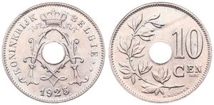 Belgium, Kingdom, Albert I, 10 Centimes Copper-Nickel 1925/24FL, Center hole within crowned monogram, Morin 344b, UNC